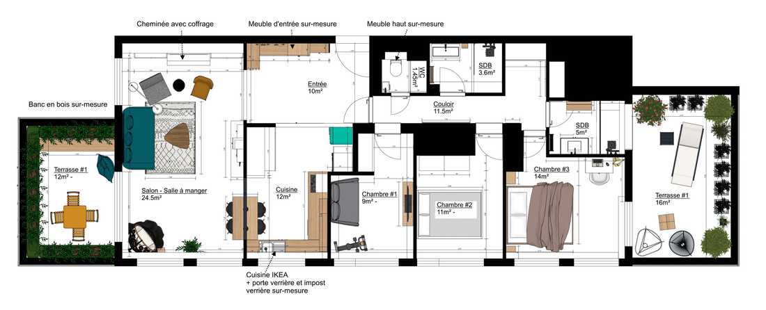 Plan de la rénovation d'un appartement des années 60 par un architecte d'intérieur