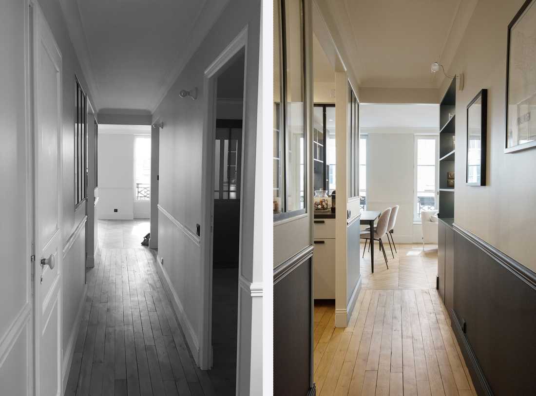 Avant-Après : aménagement d'un couloir - entrée par un architecte d'intérieur dans l'Hérault