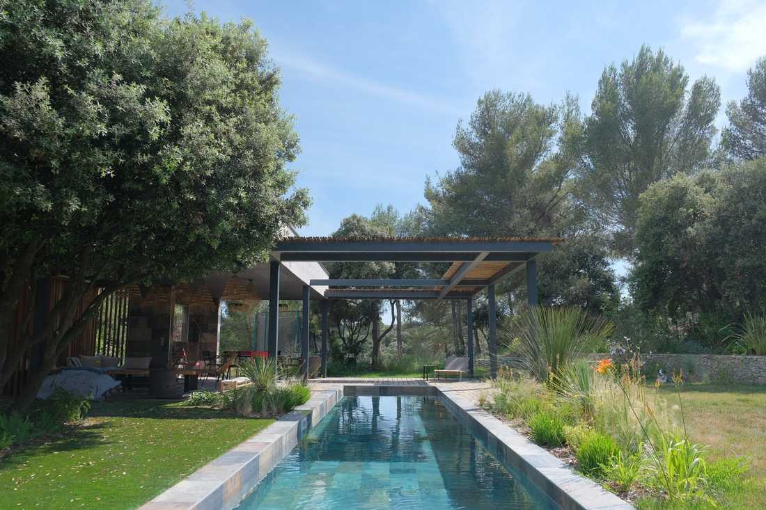 Un paysagiste à Montpellier aménage un couloir de nage dans le jardin provençal d'une maison contemporaine