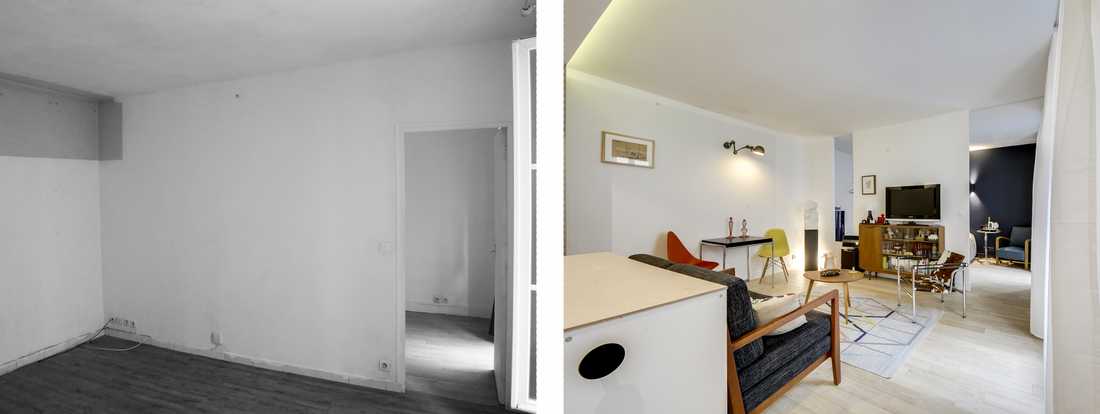 Avant-Apres : Agrandissement du séjour d'un appartement par un architecte d'intérieur
